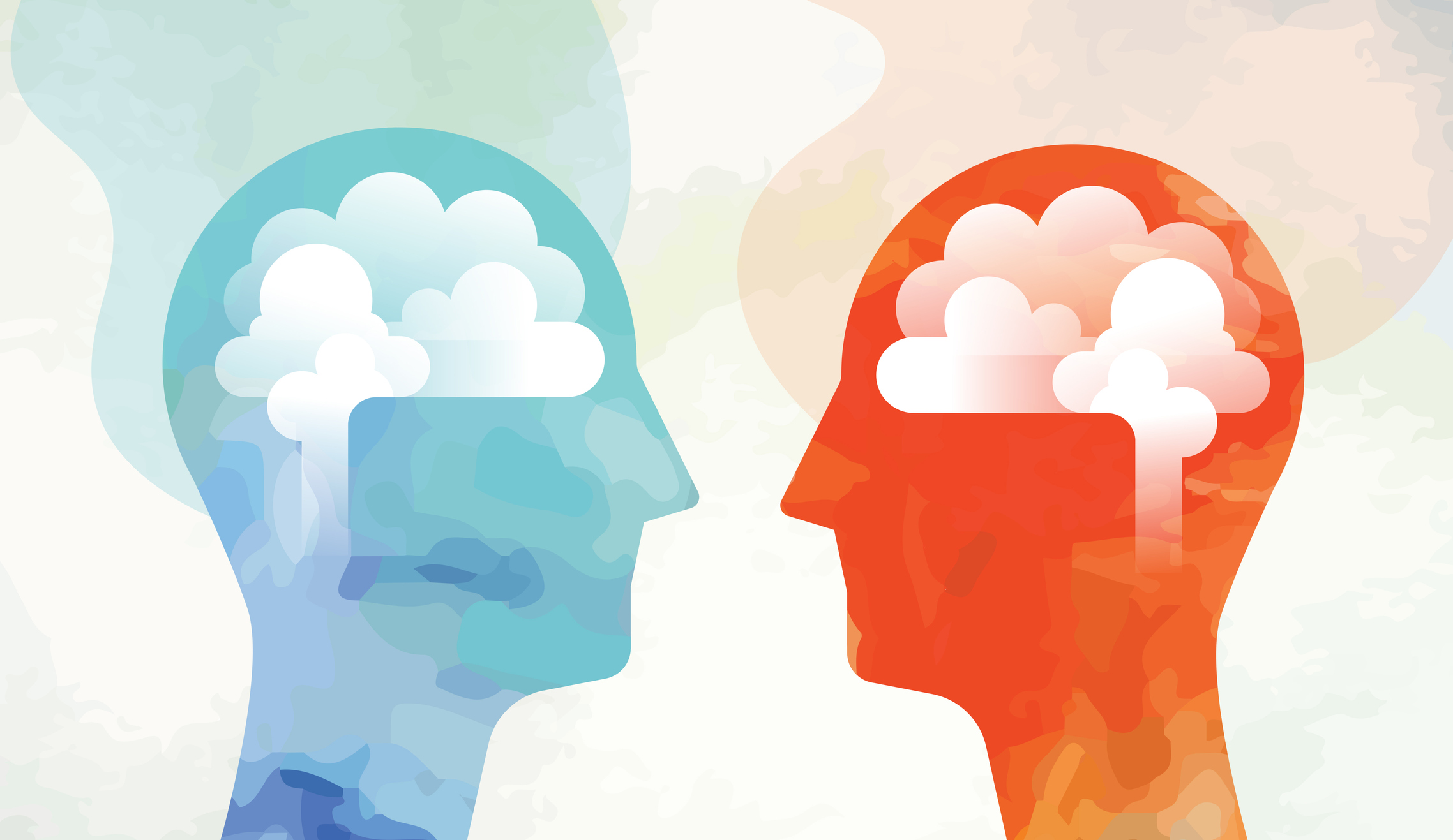 Two Heads With Brain Facing